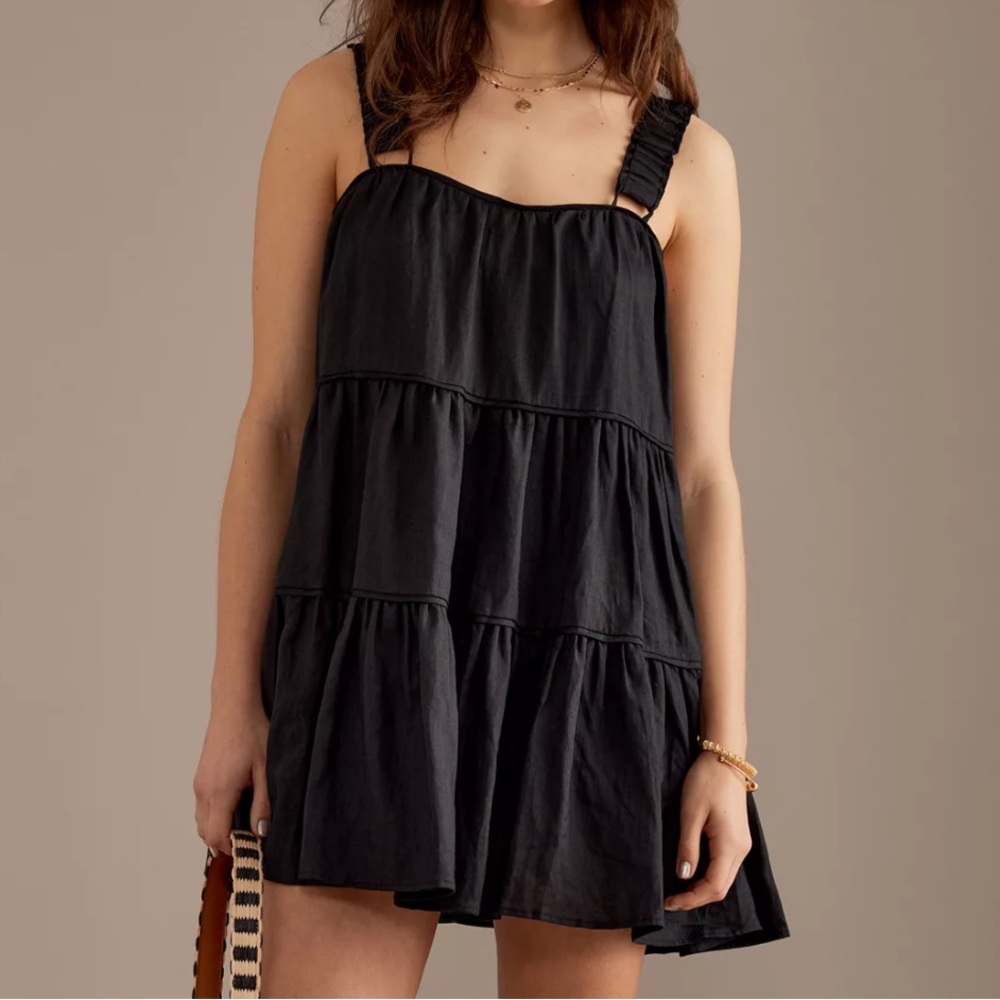 Anthropologie SANCIA Azealia Linen Babydoll Smock Mini Dress In black‎ Sz Medium - Picture 2 of 13